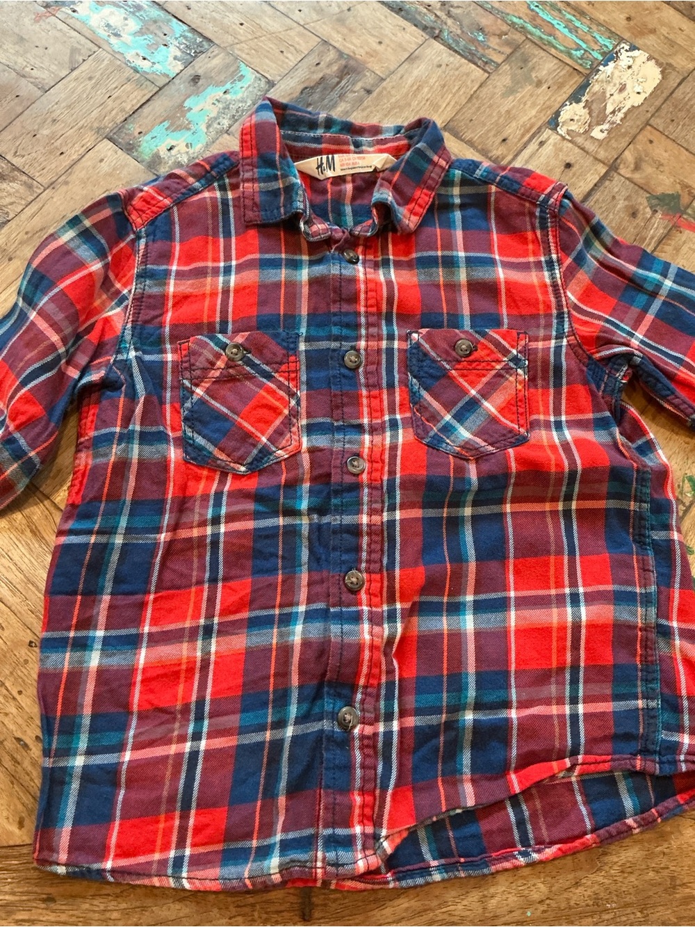 H&M Red, Navy & Teal Plaid Button-Up Shirt
